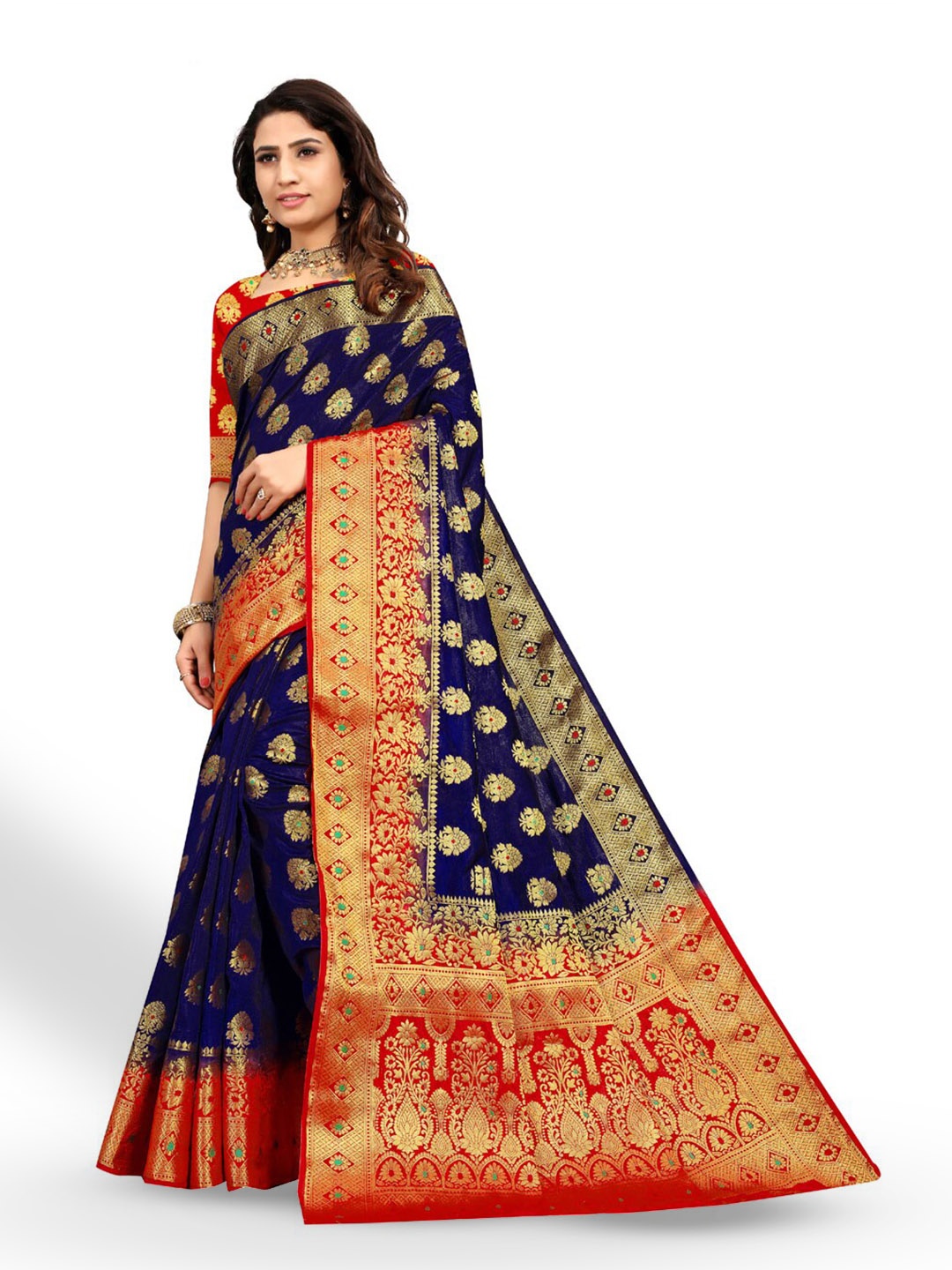 

ZEEPKART Ethnic Motifs Woven Design Zari Kanjeevaram Saree, Blue