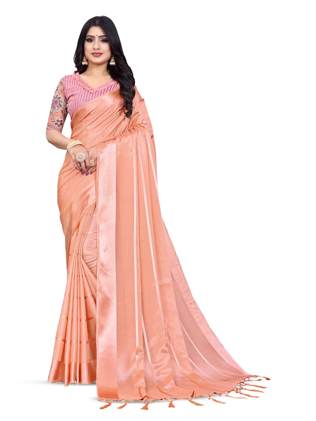 

ZEEPKART Striped Tassel Detailed Saree, Peach