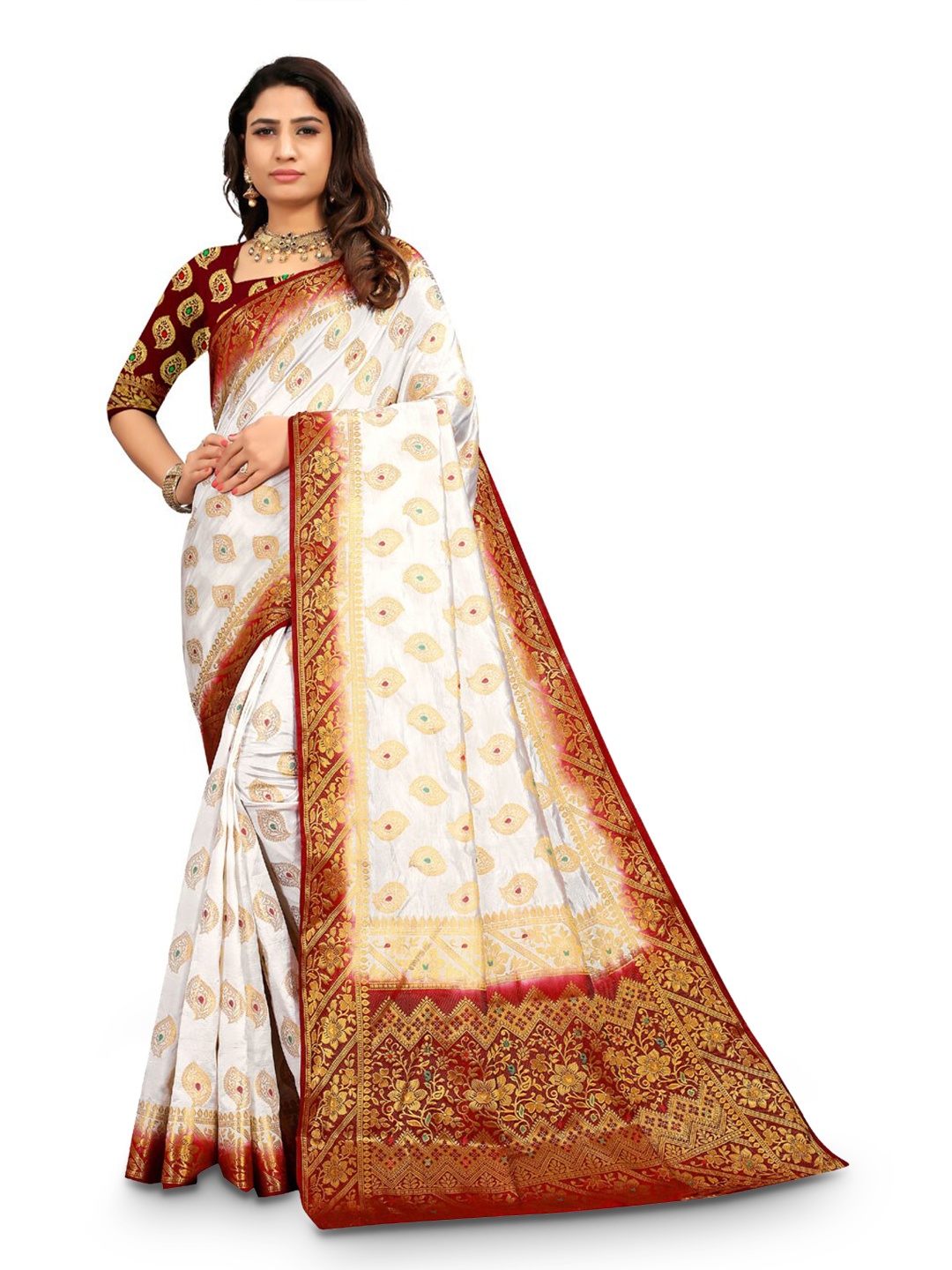 

ZEEPKART Ethnic Motifs Woven Design Zari Kanjeevaram Saree, White
