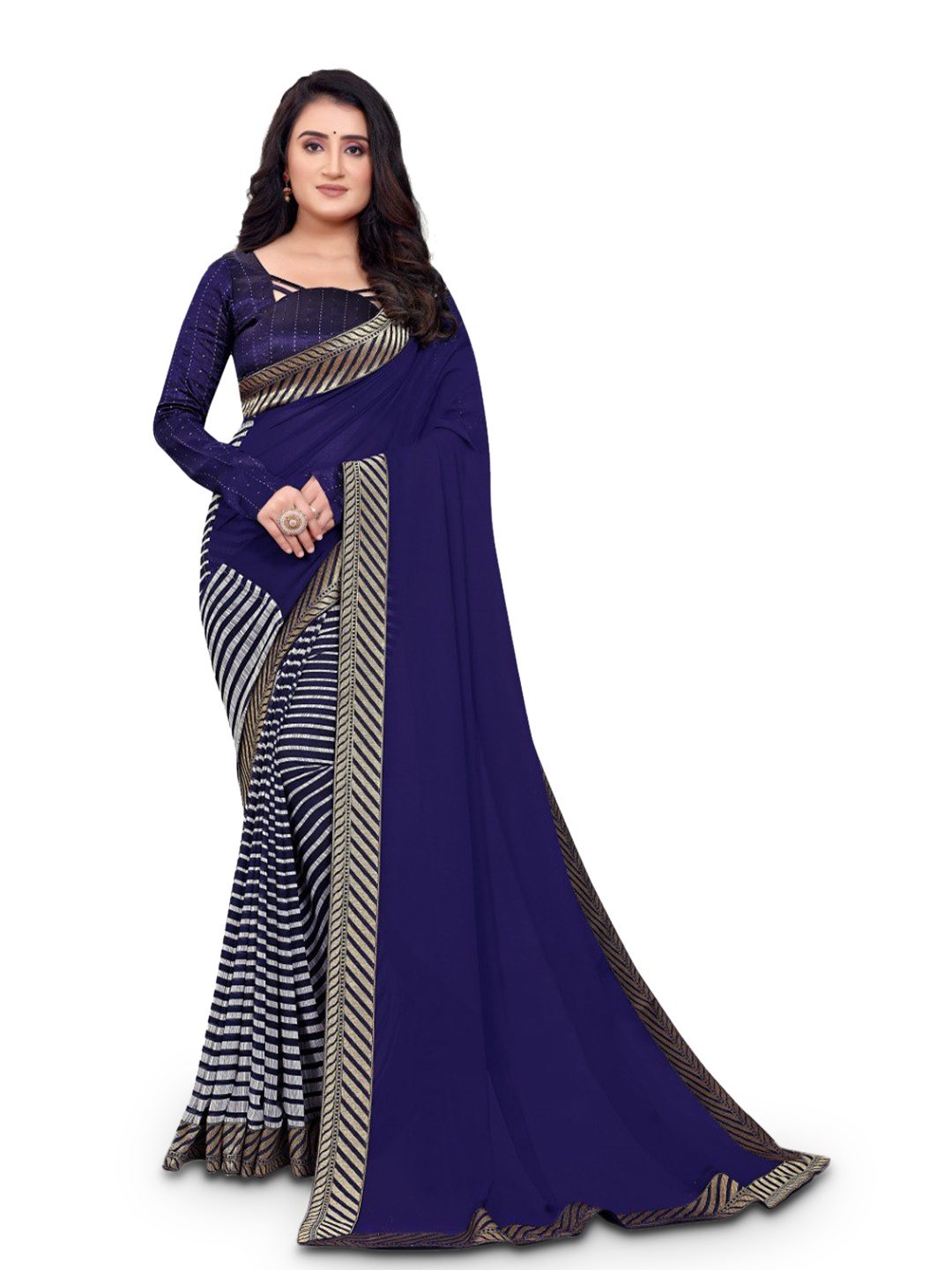 

ZEEPKART Striped Zari Half and Half Kanjeevaram Saree, Blue