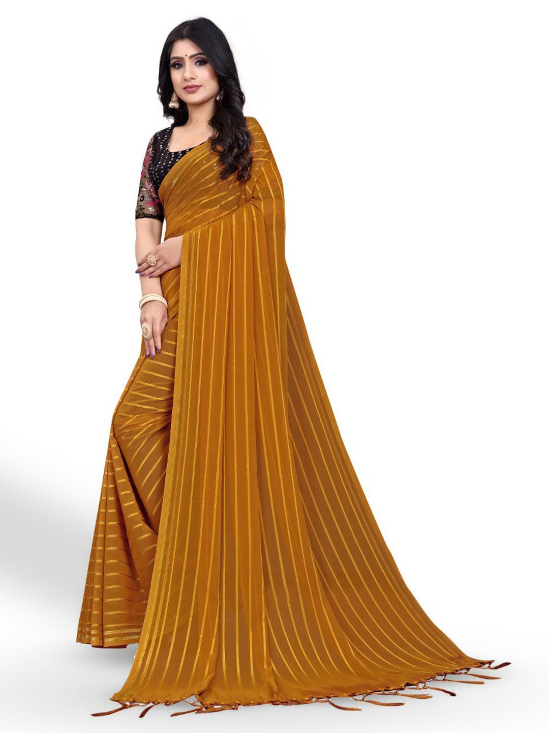 

ZEEPKART Striped Poly Silk Saree, Mustard