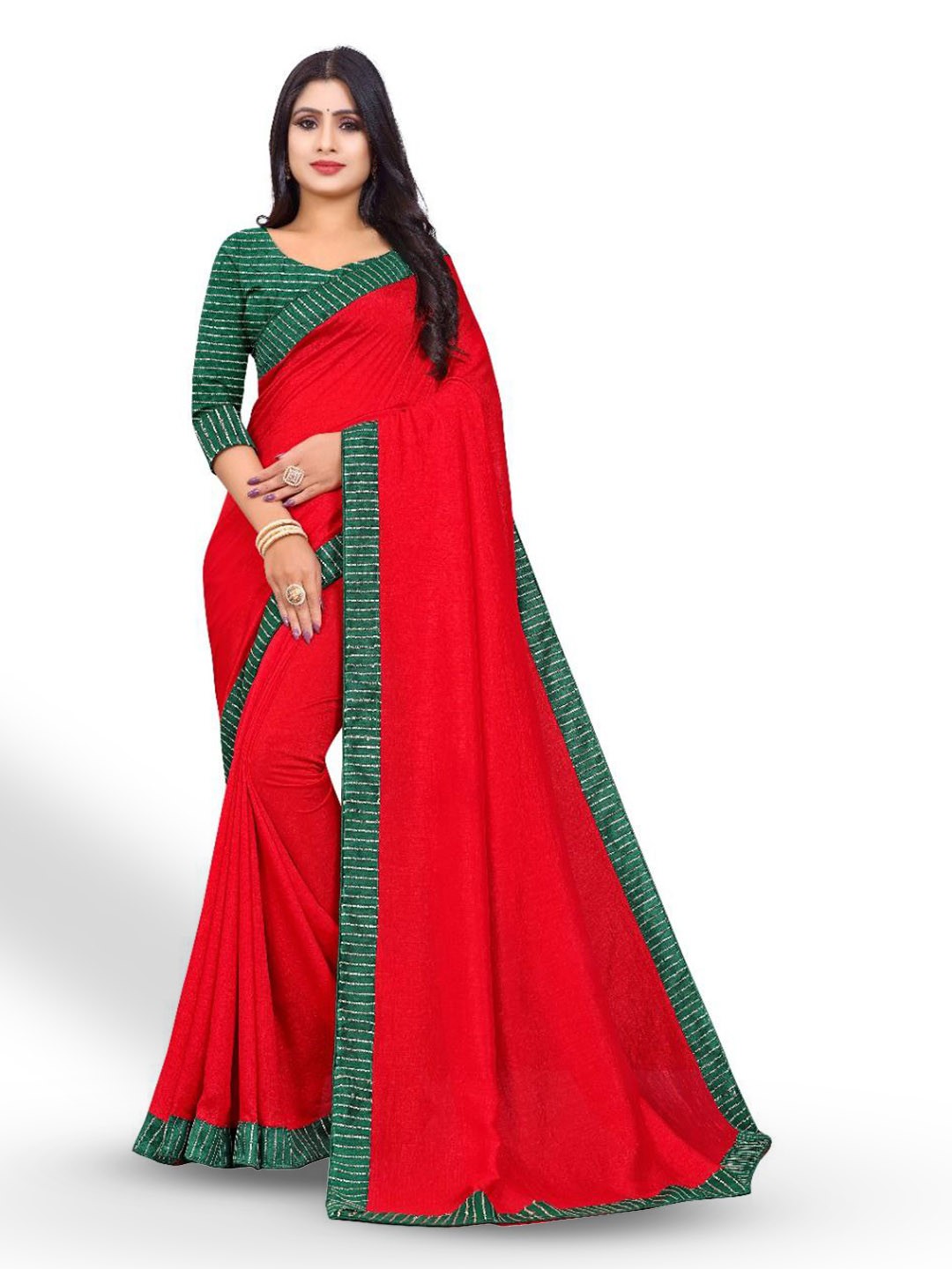 

ZEEPKART Sequinned Poly Silk Kanjeevaram Saree, Red