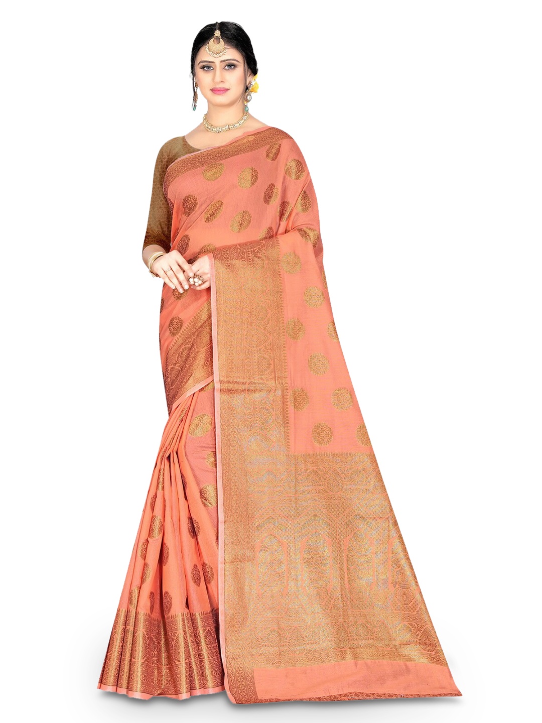 

ZEEPKART Ethnic Motifs Woven Design Zari Poly Silk Saree, Orange