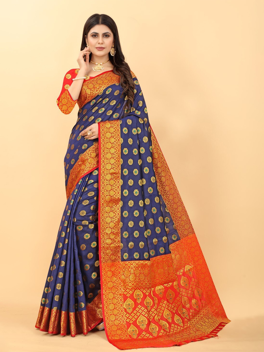 

ZEEPKART Ethnic Motifs Woven Design Zari Kanjeevaram Saree, Blue