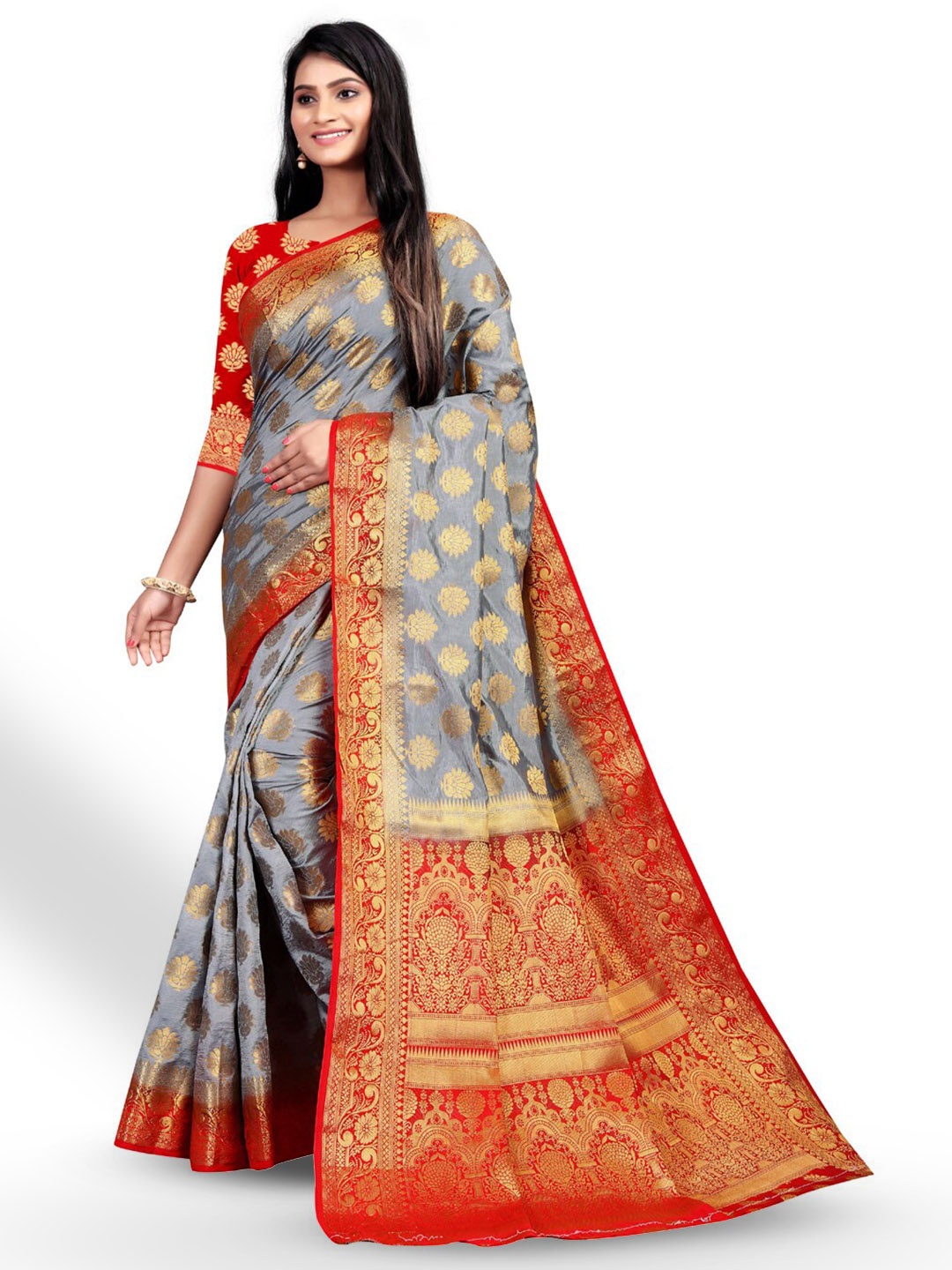 

ZEEPKART Woven Design Zari Kanjeevaram Saree, Grey