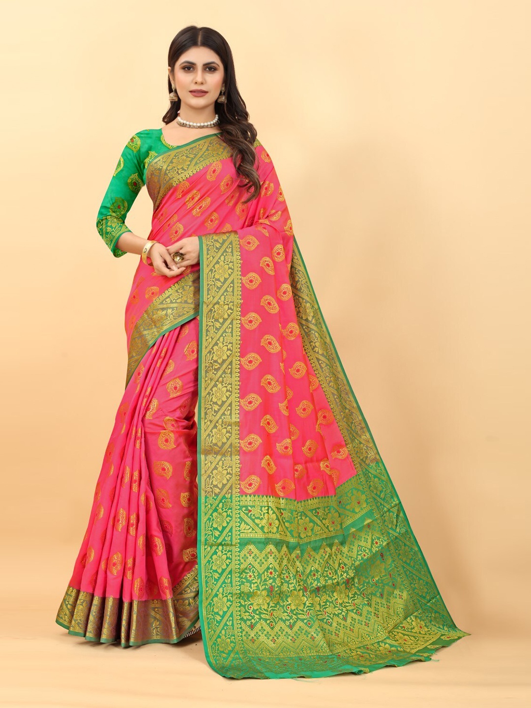 

ZEEPKART Ethnic Motifs Woven Design Zari Kanjeevaram Saree, Pink