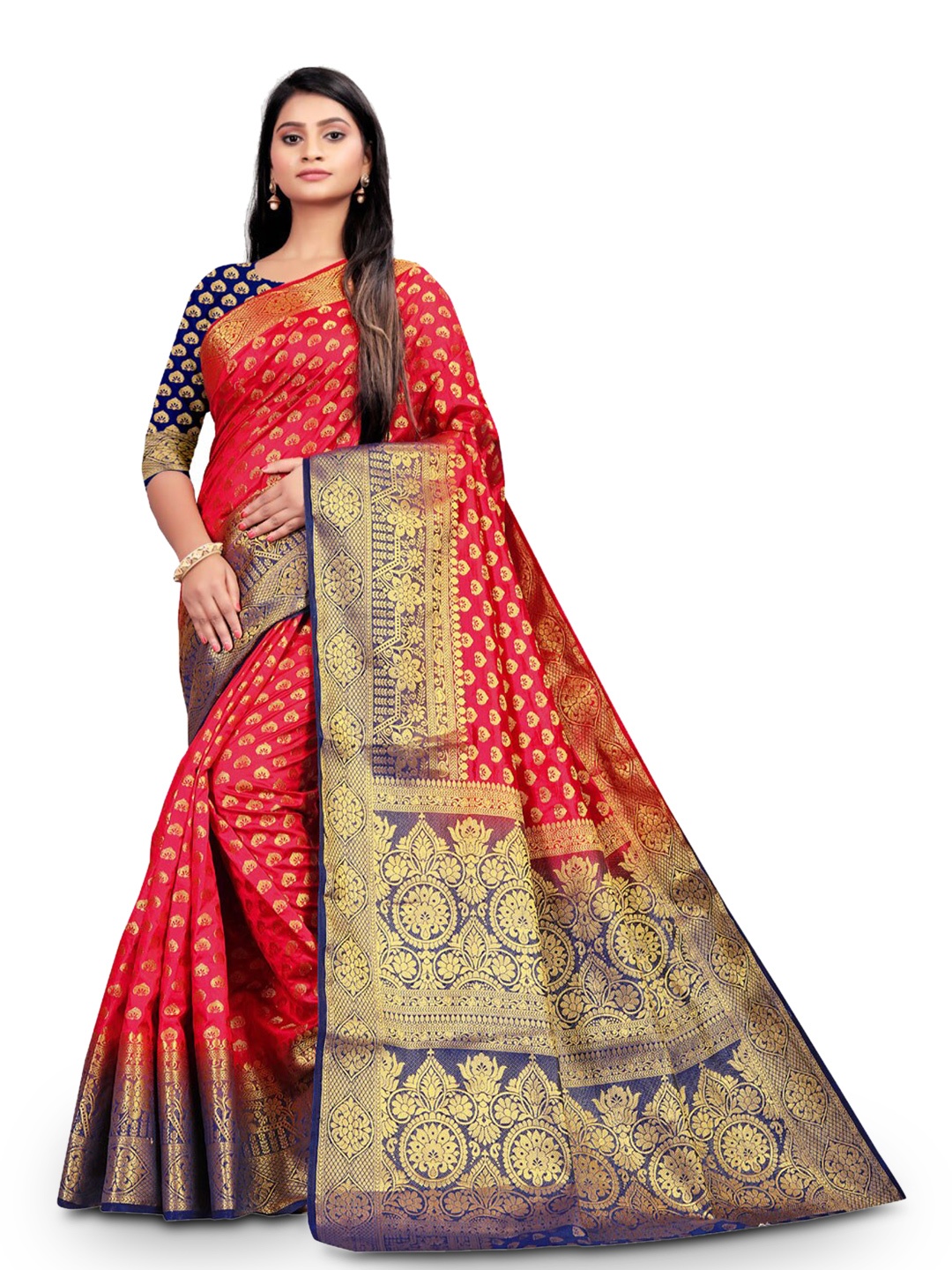 

ZEEPKART Floral Printed Woven Design Zari Kanjeevaram Saree, Red