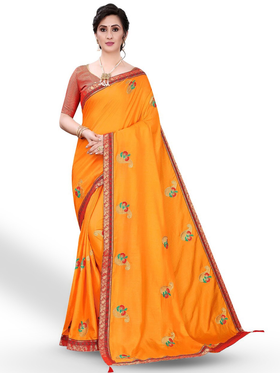 

ZEEPKART Floral Embroidered Woven Design Kanjeevaram Saree, Yellow