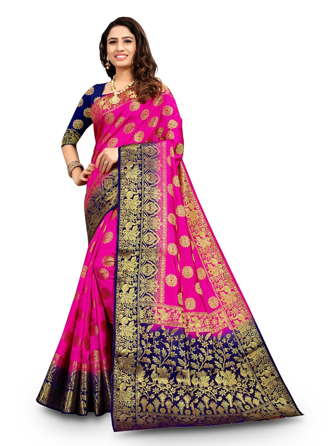 

ZEEPKART Floral Woven Design Zari Kanjeevaram Saree, Pink