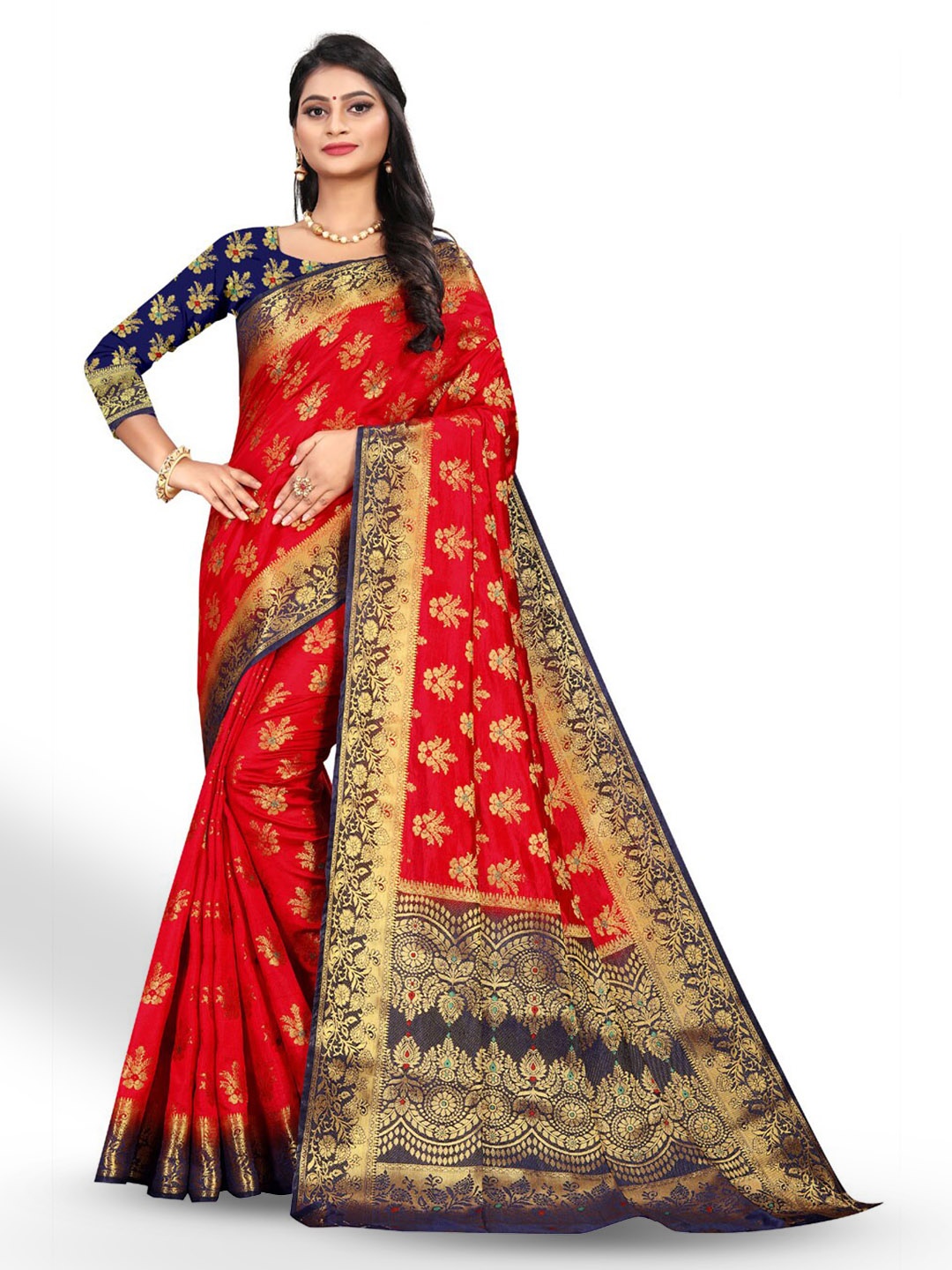 

ZEEPKART Floral Design Woven Design Zari Kanjeevaram Saree, Red