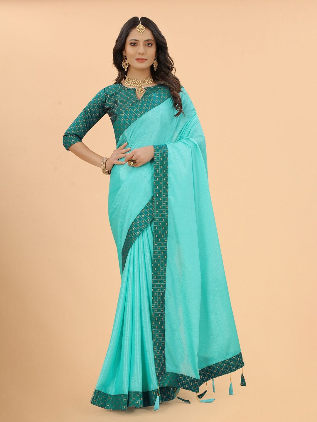 

ZEEPKART Geometric Woven Poly Silk Kanjeevaram Saree With Tassel, Blue