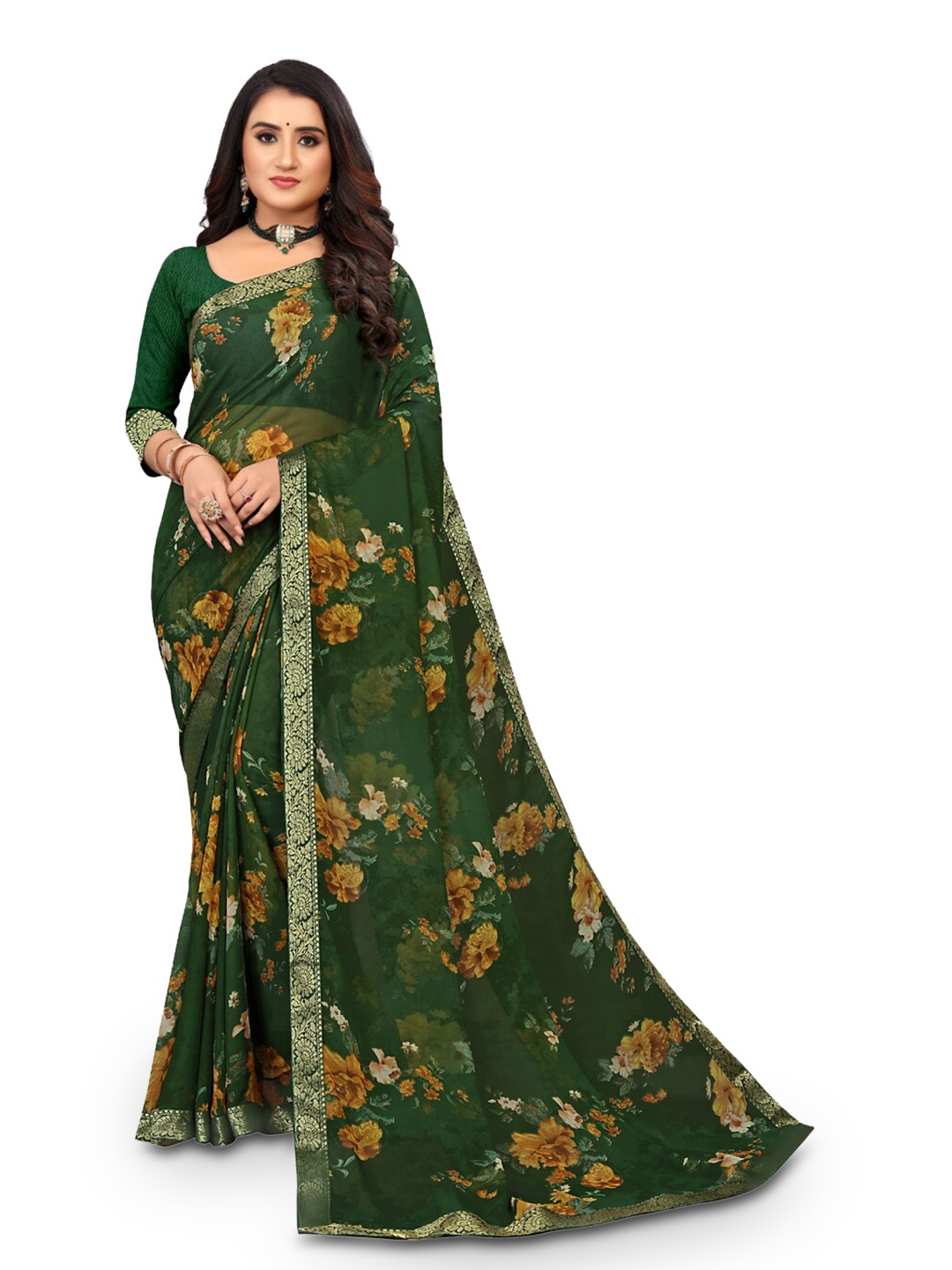 

ZEEPKART Floral Printed Zari Saree, Green