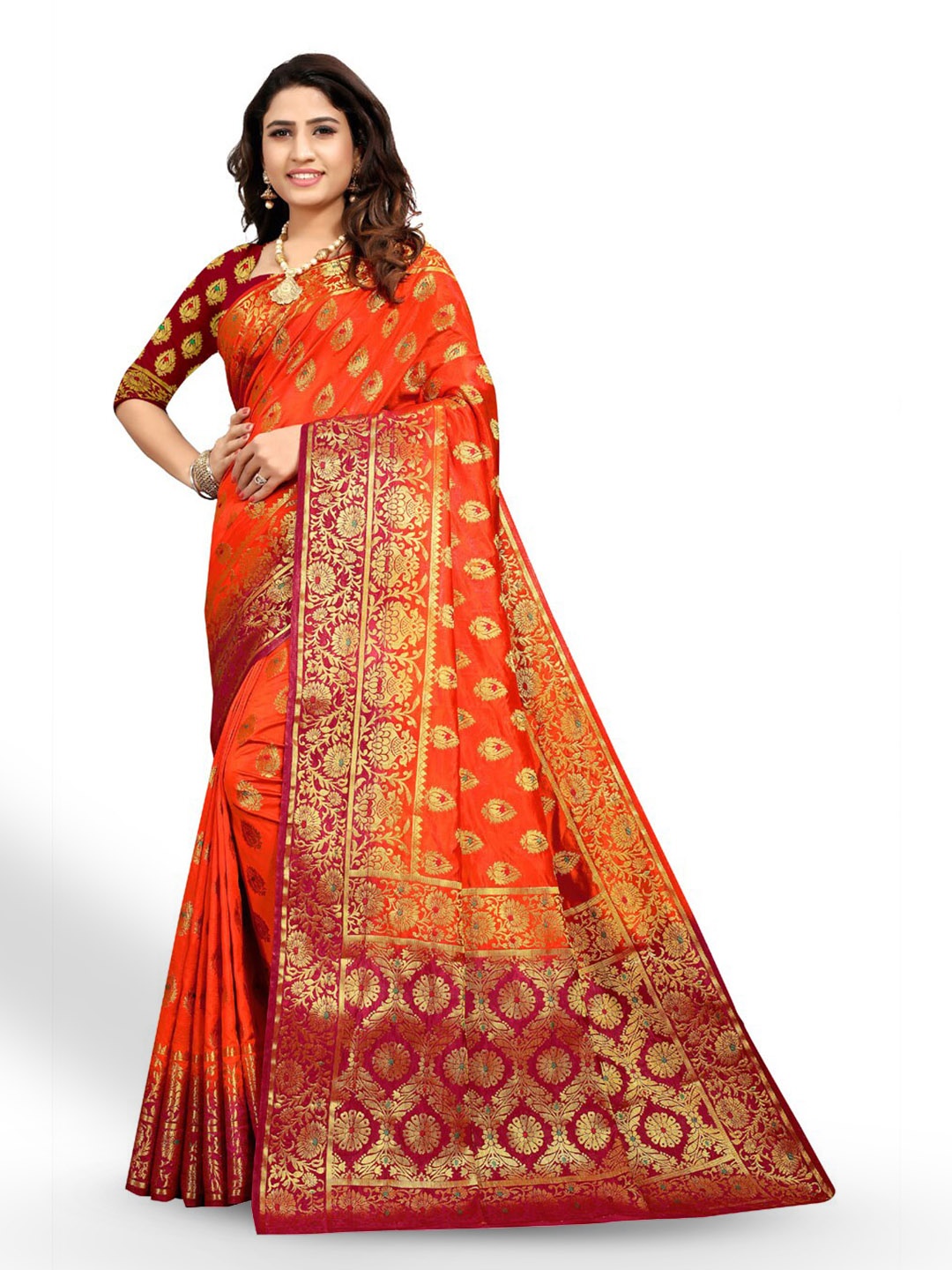 

ZEEPKART Ethnic Motifs Woven Design Zari Kanjeevaram Saree, Orange