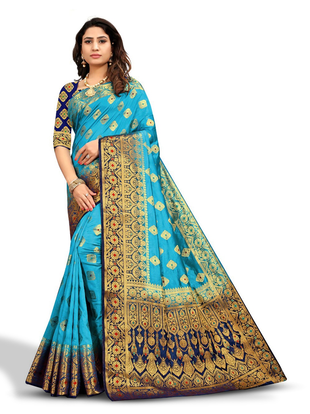 

ZEEPKART Ethnic Motifs Printed Woven Design Zari Kanjeevaram Saree, Blue