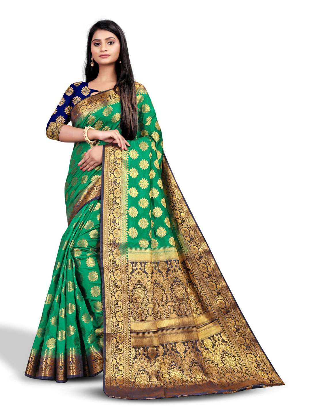 

ZEEPKART Ethnic Motifs Woven Design Zari Kanjeevaram Saree, Green