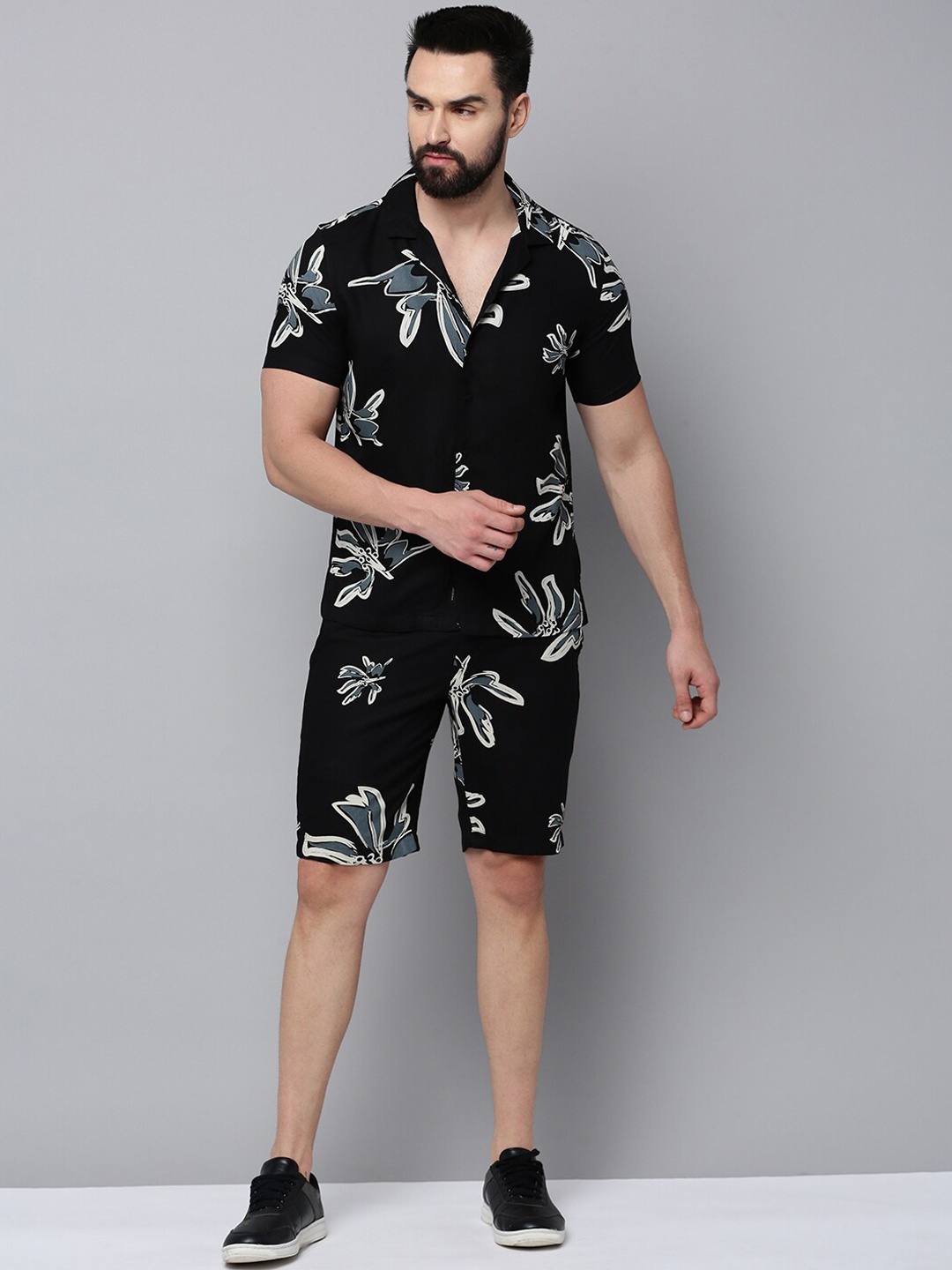 

SHOWOFF Floral Printed Short Sleeves Shirt Collar Pure Cotton Co-Ords, Black