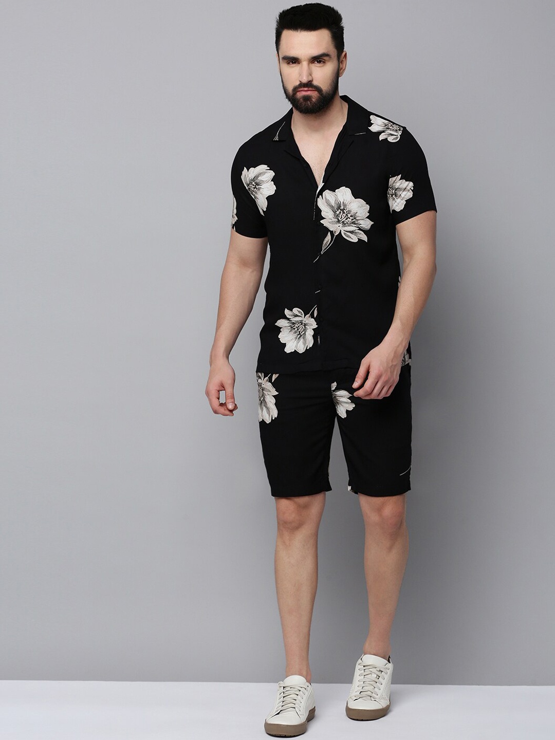 

SHOWOFF Floral Printed Short Sleeves Shirt Collar Pure Cotton Co-Ords, Black