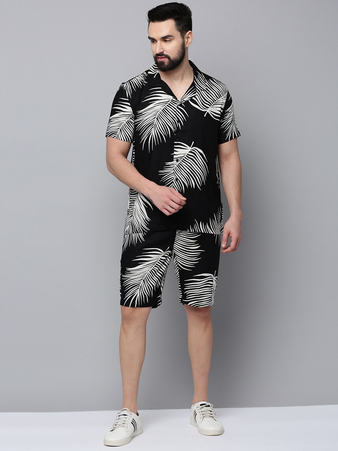 

SHOWOFF Floral Printed Short Sleeves Shirt Collar Pure Cotton Co-Ords, Black