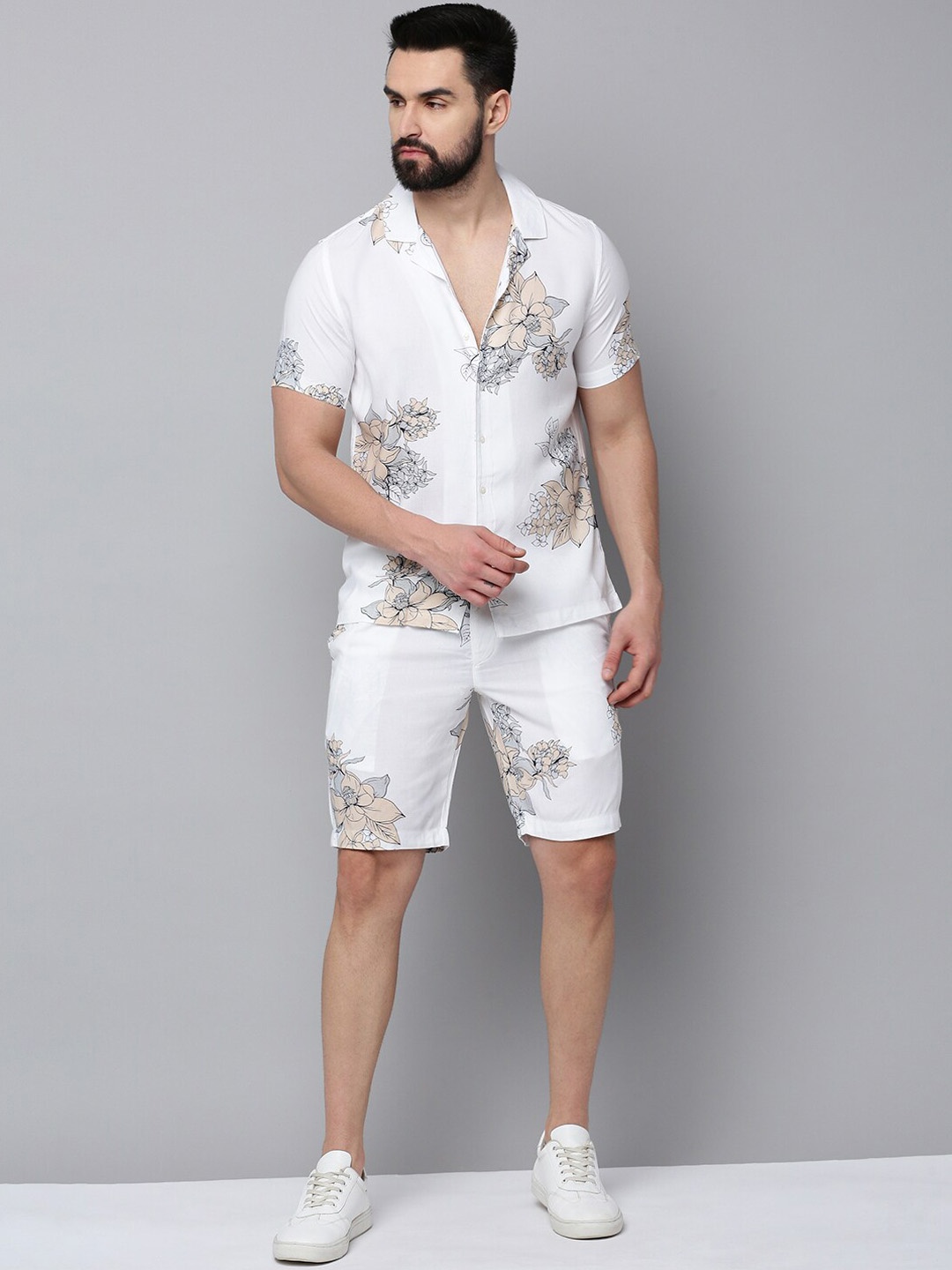 

SHOWOFF Floral Printed Short Sleeves Shirt Collar Pure Cotton Co-Ords, White
