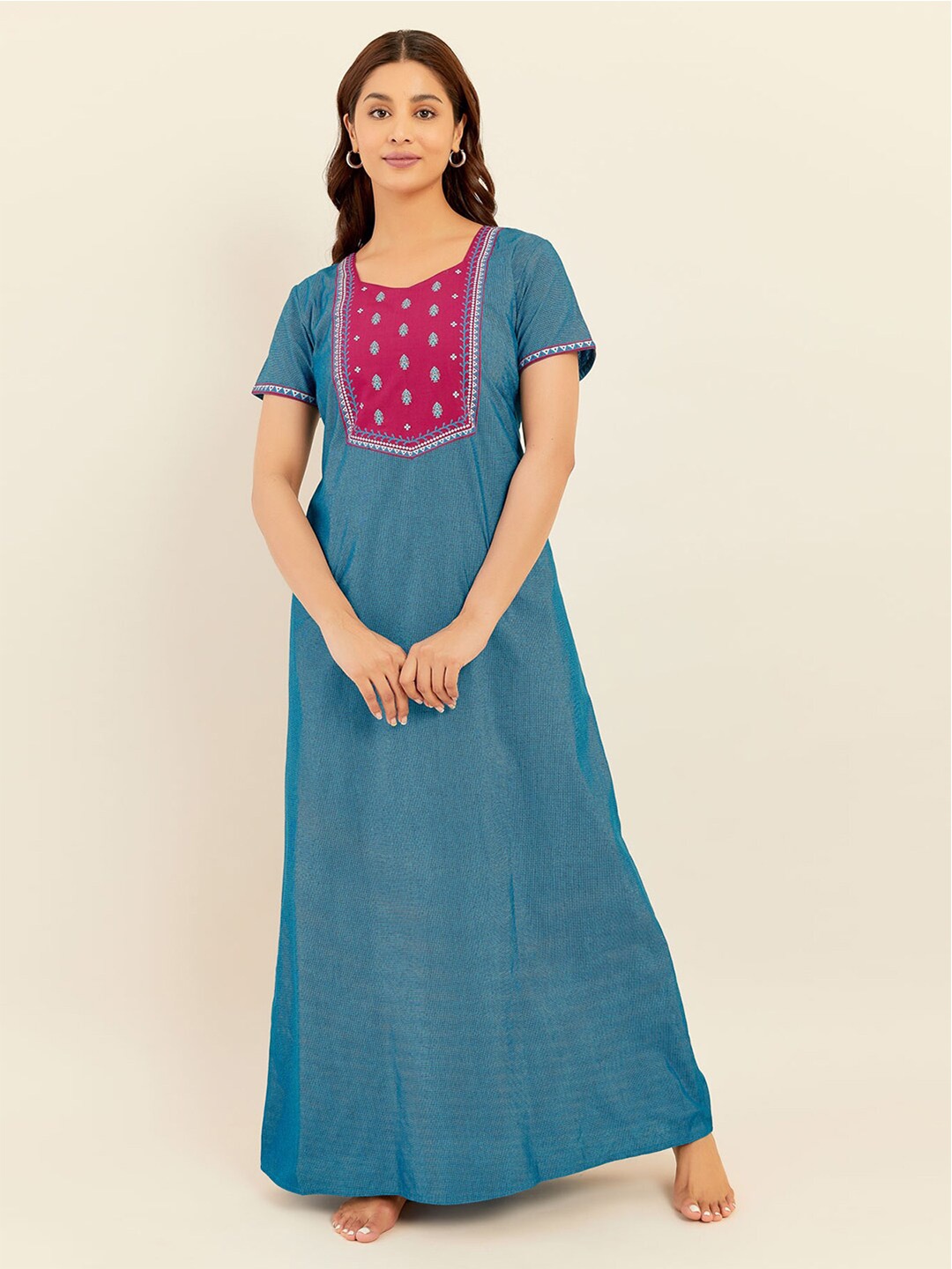 

Maybell Ethnic Motifs Printed Pure Cotton Maxi Nightdress, Blue