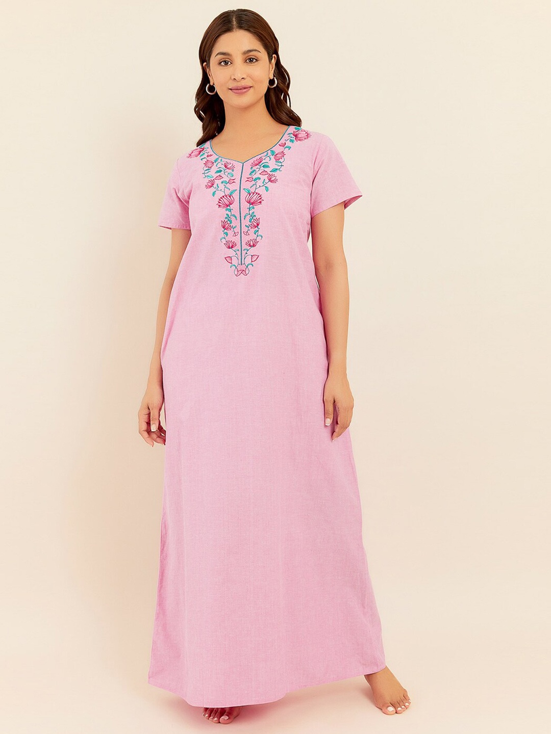 

Maybell Floral Embroidered Pure Cotton Maxi Nightdress, Pink