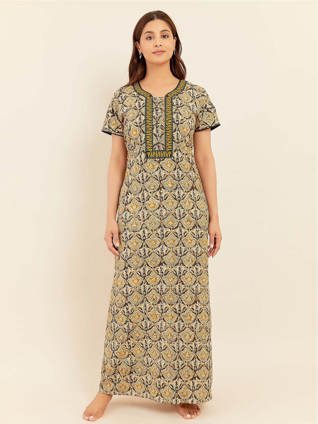 

Maybell Ethnic Motifs Printed Pure Cotton Maxi Nightdress, Black
