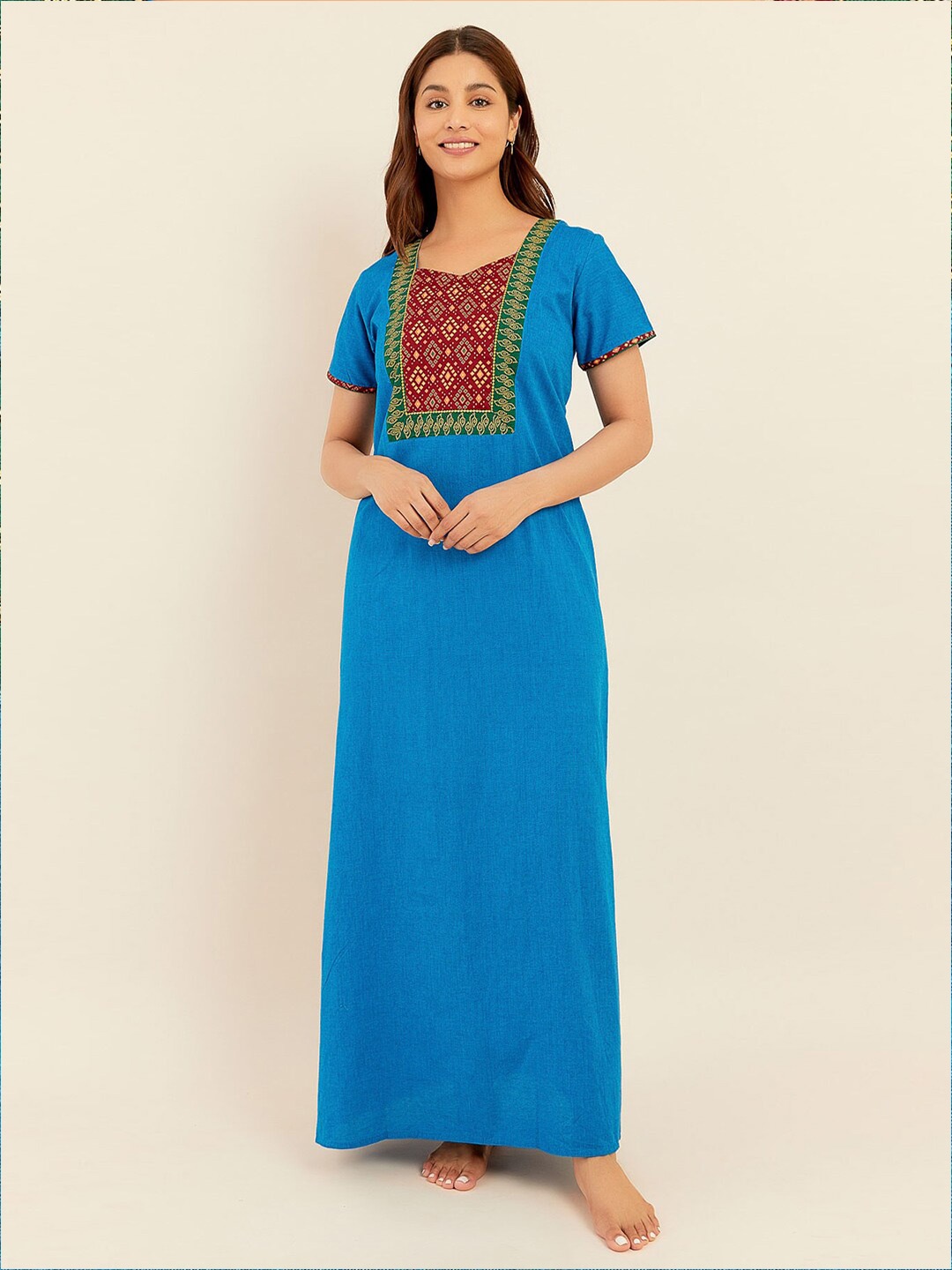 

Maybell Ethnic Motifs Printed Pure Cotton Maxi Nightdress, Blue
