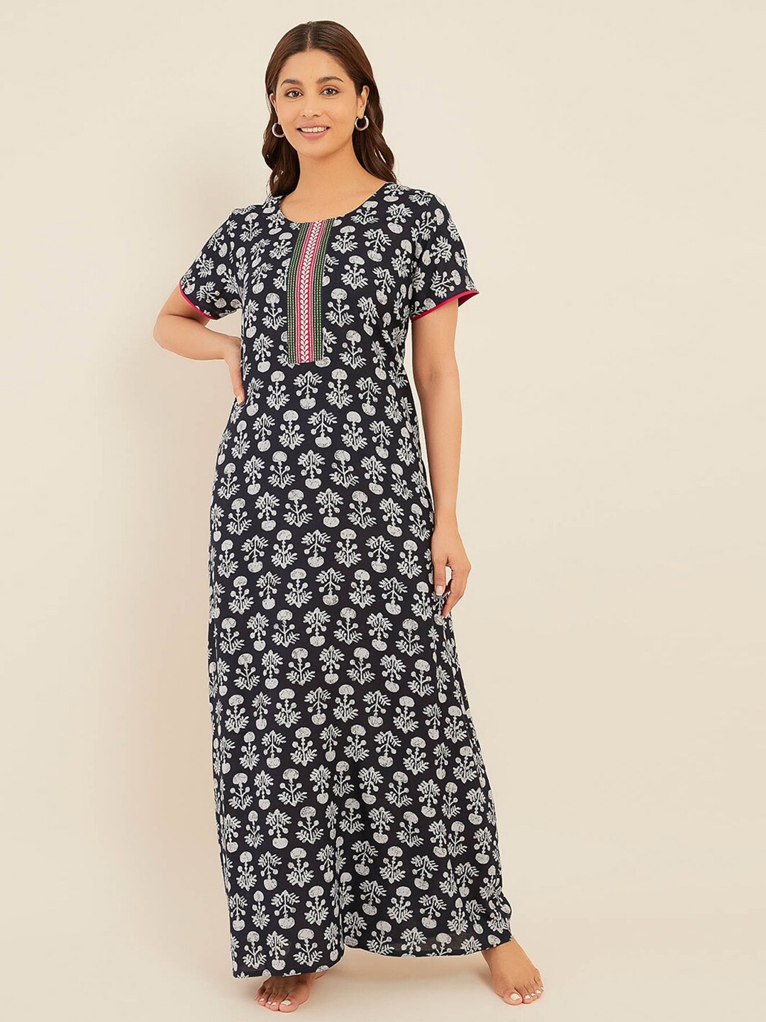 

Maybell Ethnic Motifs Printed Maxi Nightdress, Navy blue