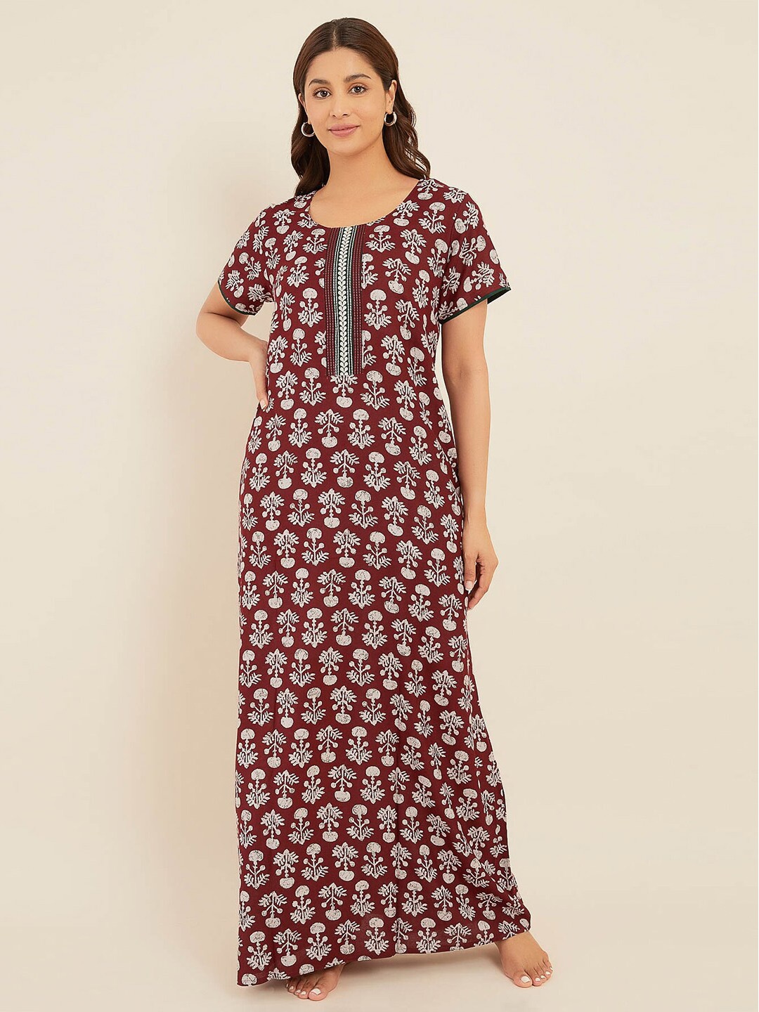 

Maybell Ethnic Motifs Printed Maxi Nightdress, Maroon