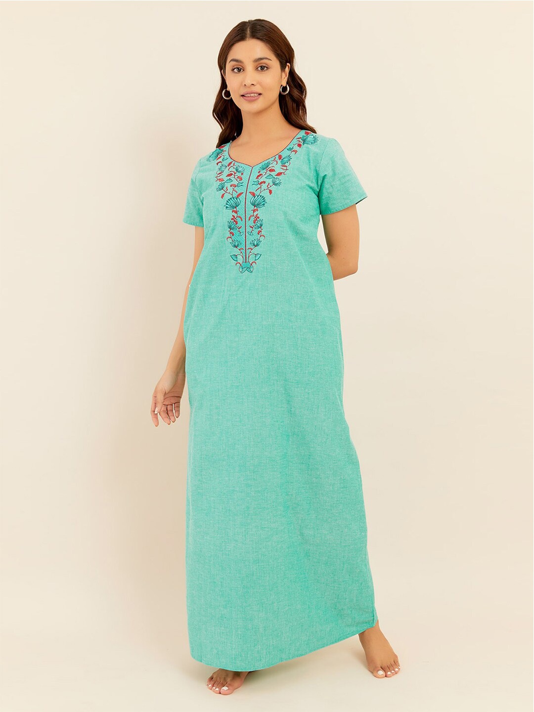 

Maybell Floral Embroidered Pure Cotton Maxi Nightdress, Green
