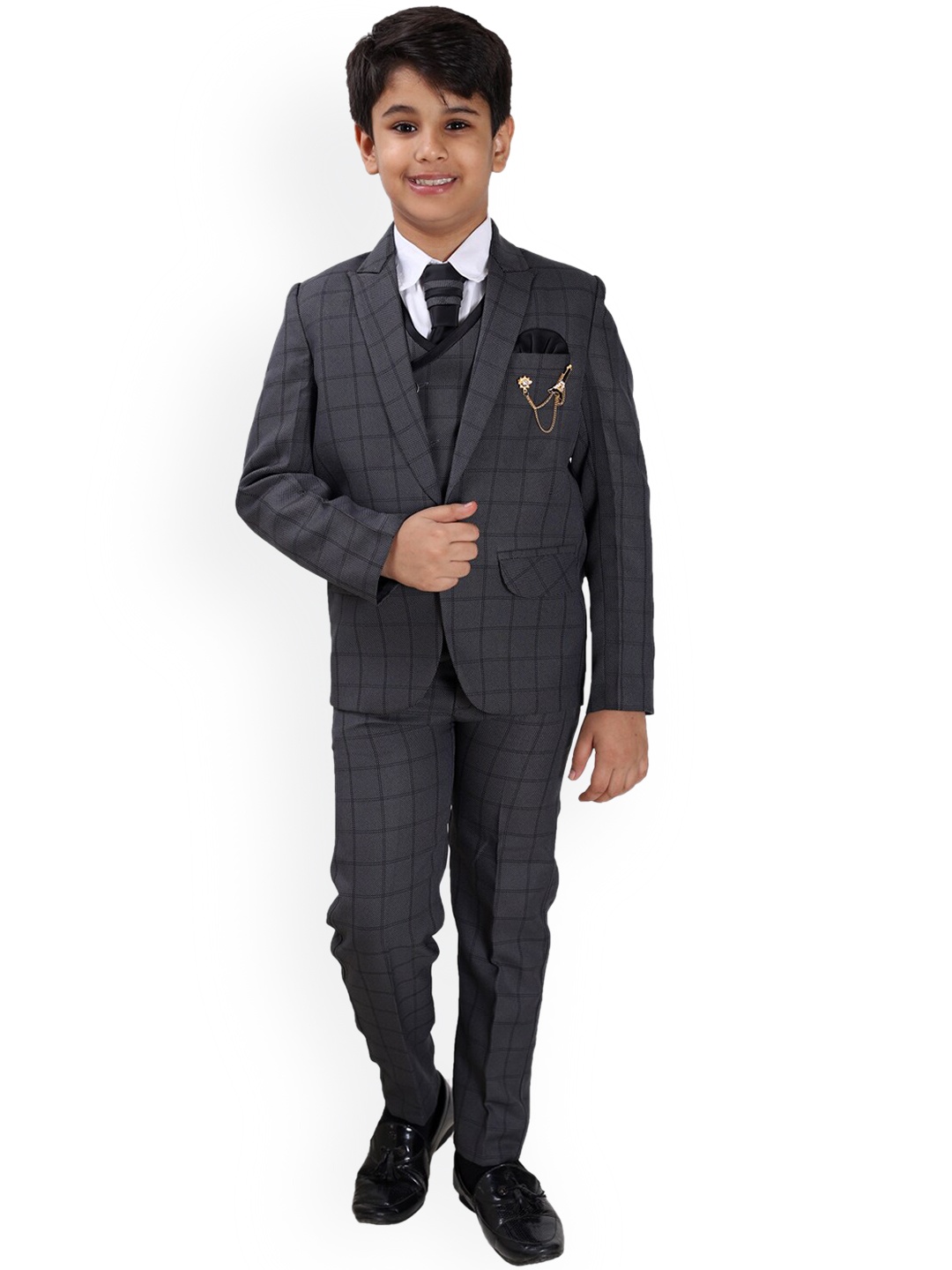 

DKGF FASHION Kids Boys Checked 5-Piece Single-Breasted Suit, Black