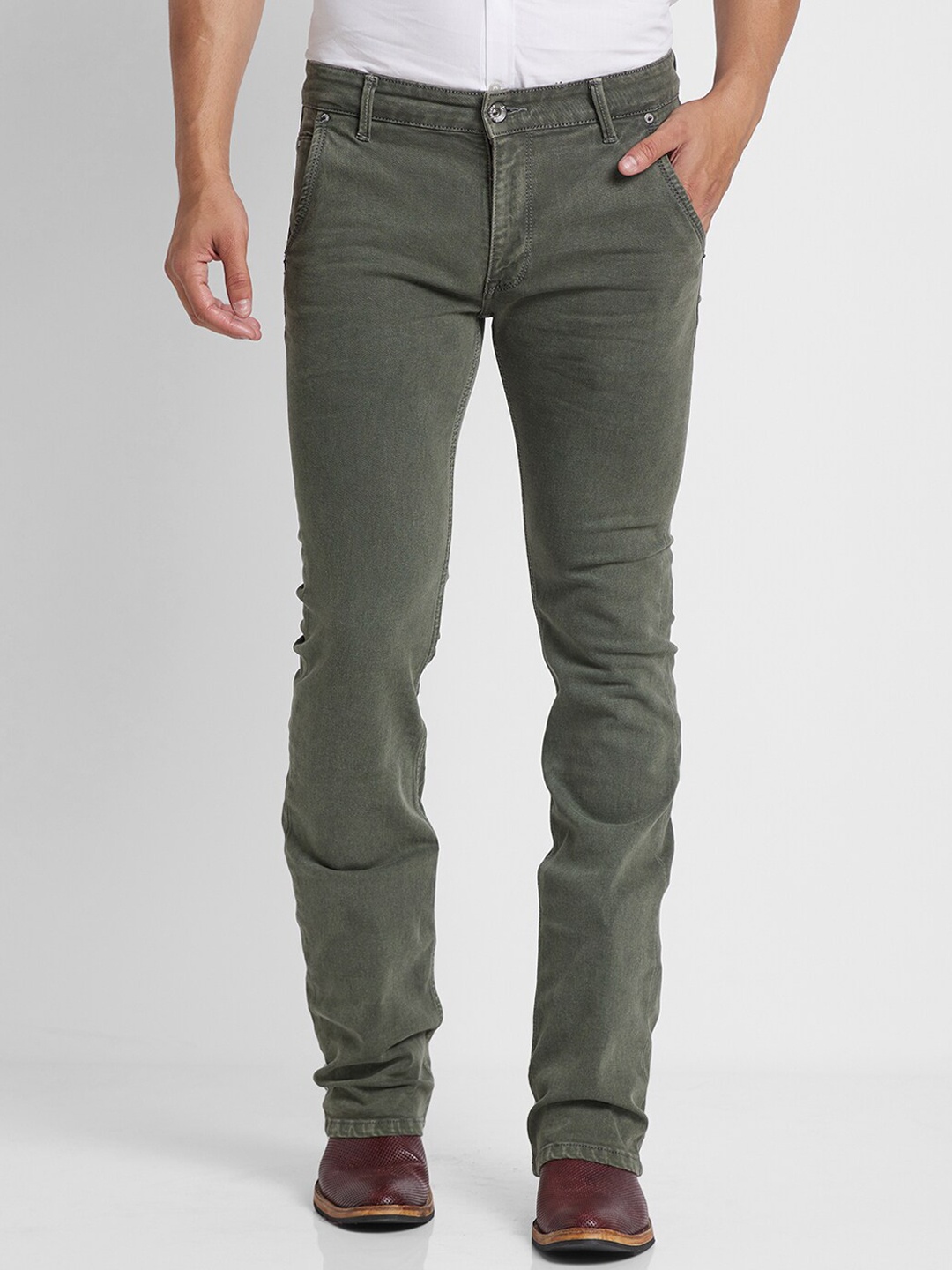 

mode de base Men Cotton Bootcut Stretchable Jeans, Green