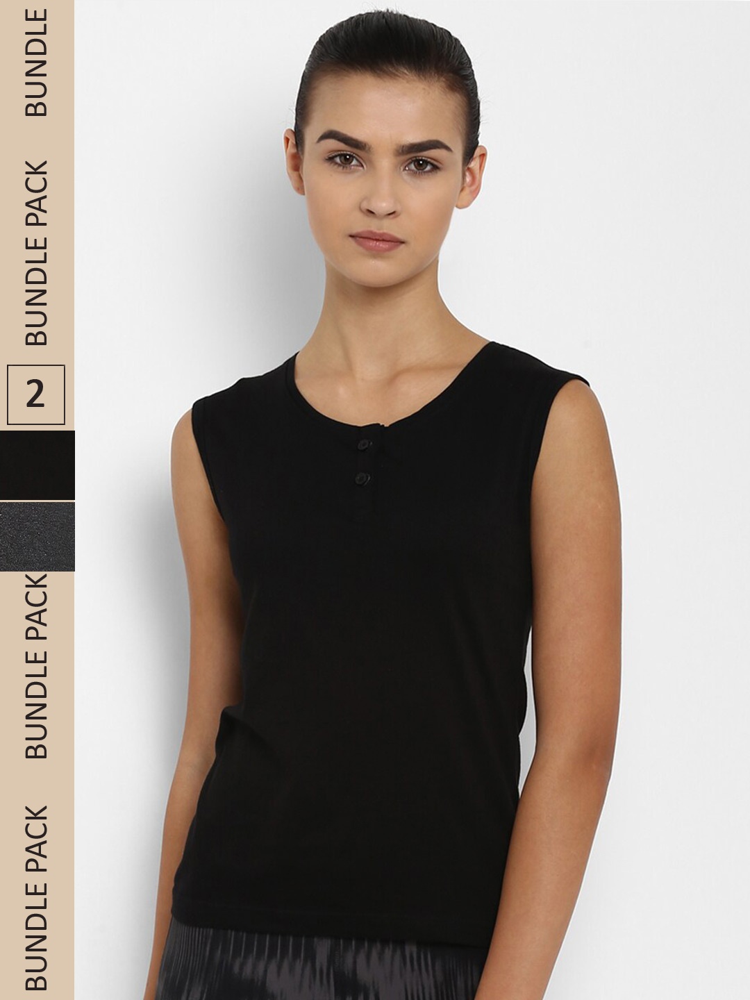 

appulse Pack Of 2 Henley Neck Sleeveless Slim Fit Cotton Running T-shirt, Black