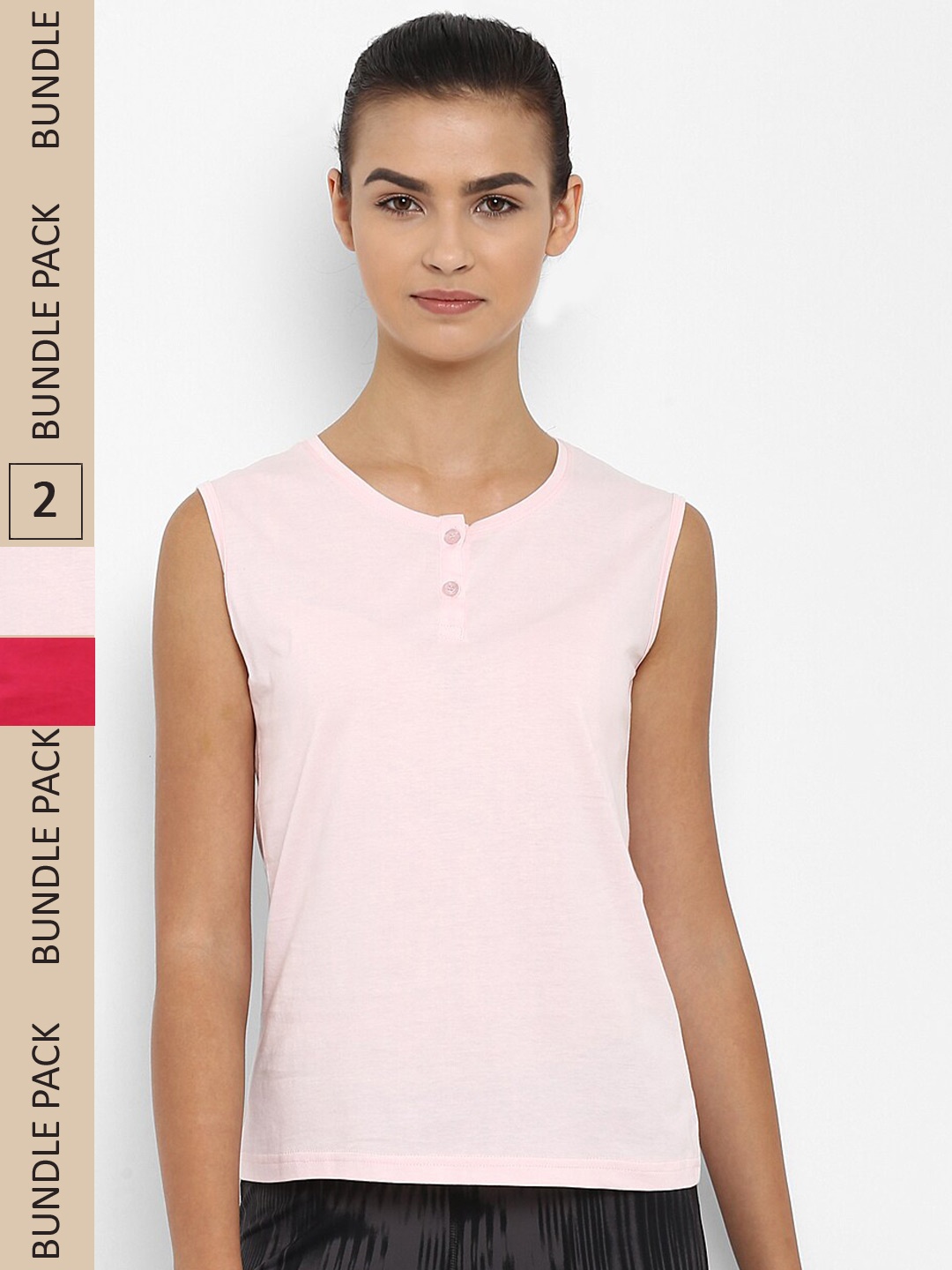 

appulse Pack Of 2 Henley Neck Sleeveless Slim Fit Cotton Running T-shirt, Pink