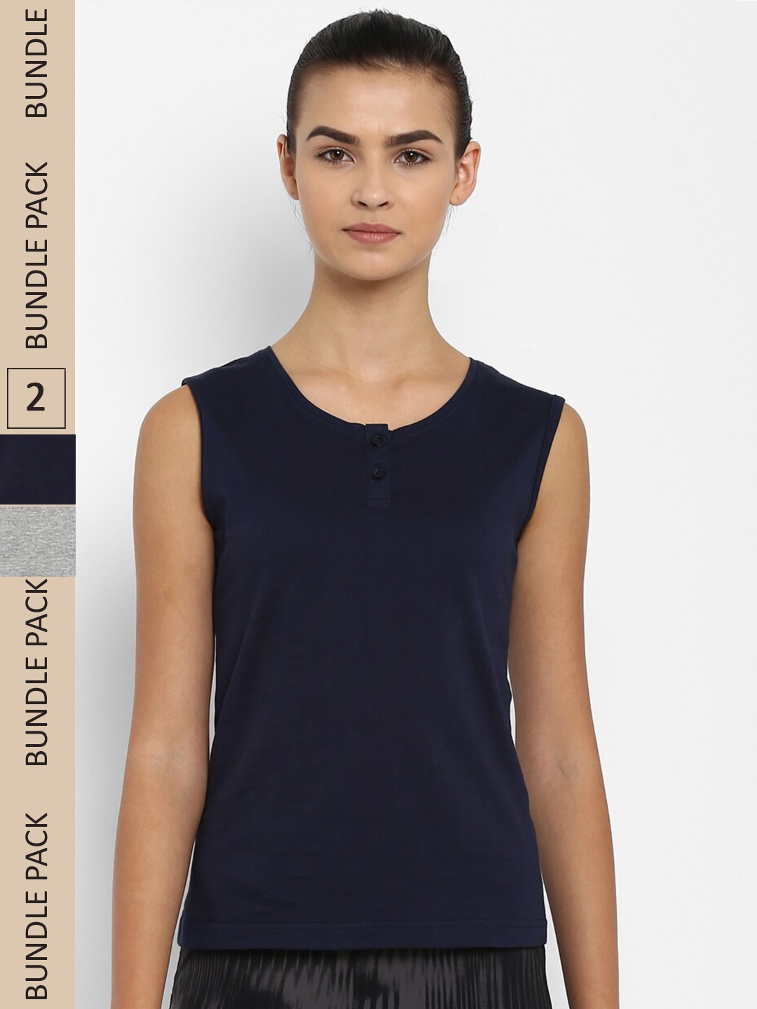

appulse Pack Of 2 Henley Neck Sleeveless Slim Fit Cotton Running T-shirt, Navy blue