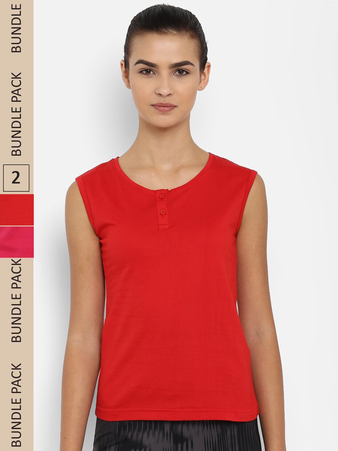 

appulse Pack Of 2 Henley Neck Sleeveless Slim Fit Cotton Running T-shirt, Red