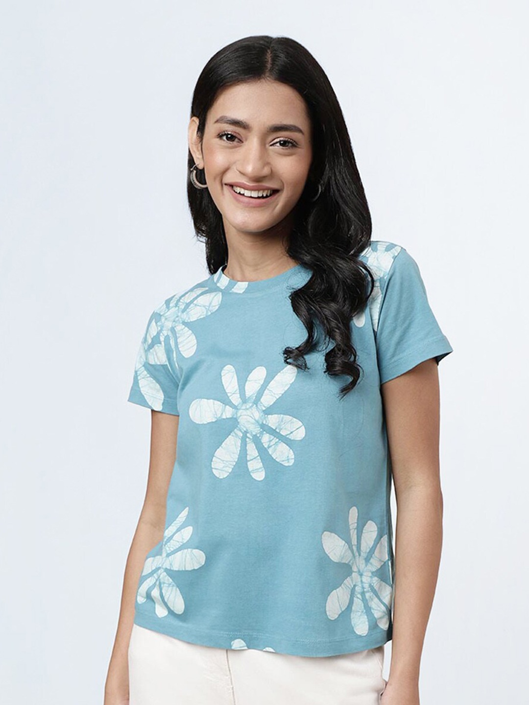 

Fabindia Floral Print Cotton Top, Turquoise blue