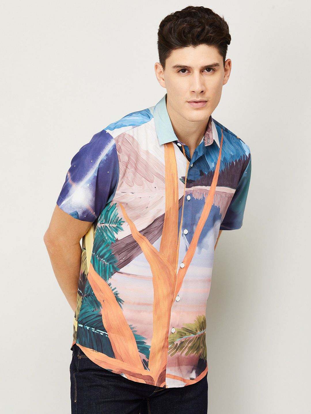 

Bossini Spread Collar Abstract Printed Cotton Casual Shirt, White