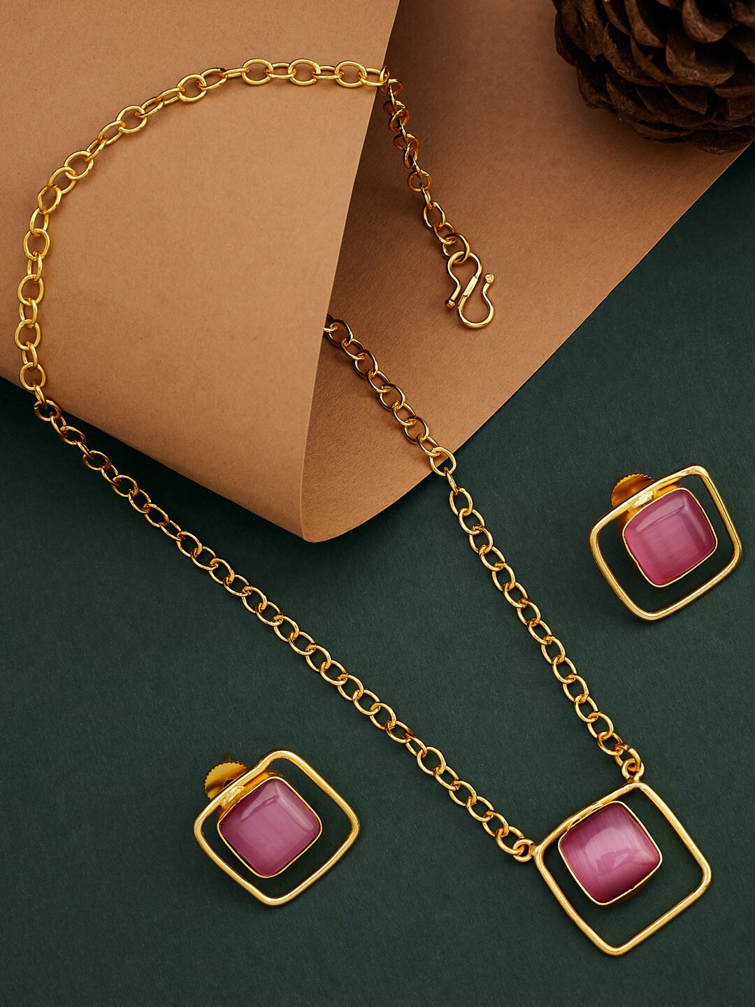 

ATIBELLE Gold-Plated Stone-Studded Pendant & Chain With Earrings Set