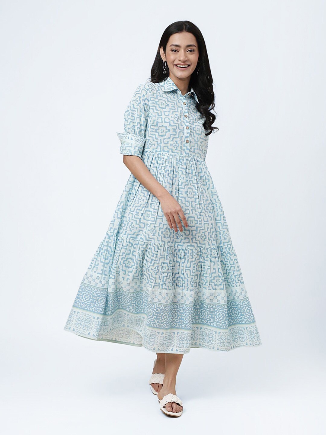 

Fabindia Floral Print Shirt Midi Cotton Dress, Turquoise blue