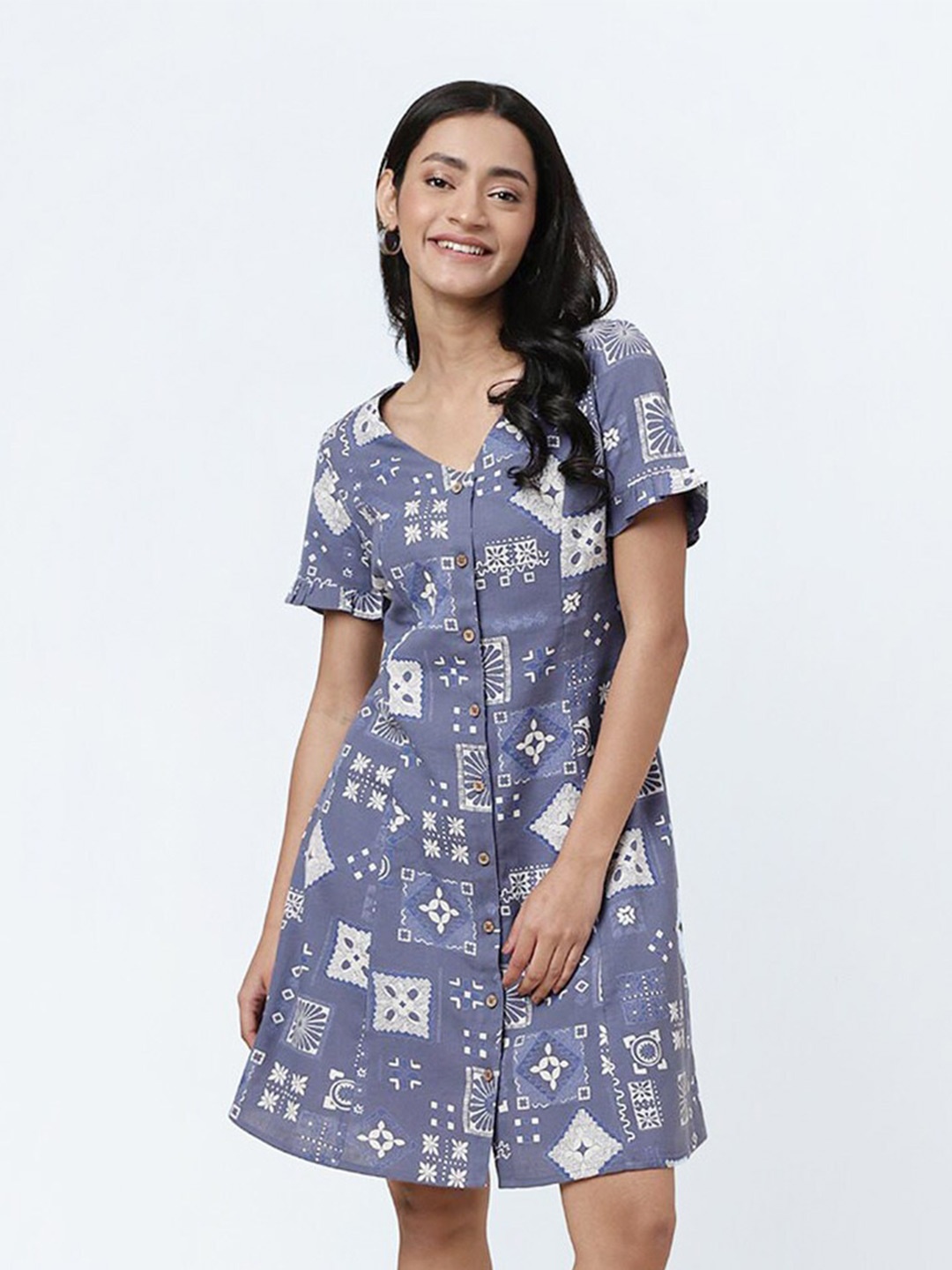 

Fabindia Floral Print Linen A-Line Dress, Purple