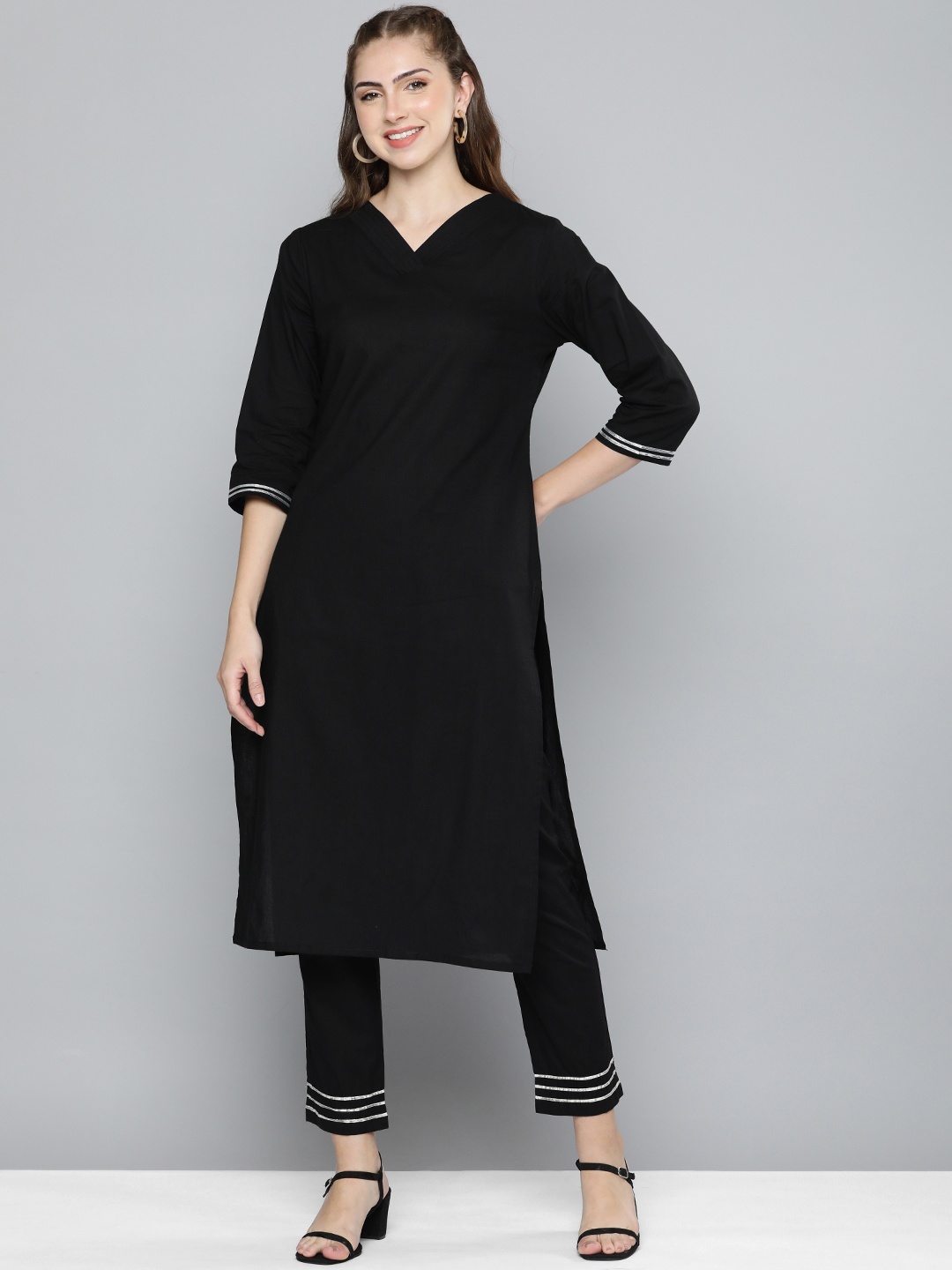 

HERE&NOW Women Regular Gotta Patti Pure Cotton Kurta with Trousers, Brown