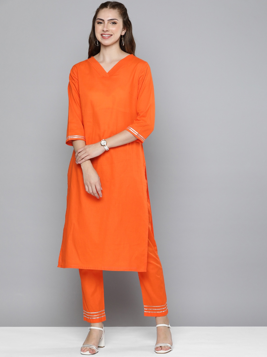

HERE&NOW Women Regular Gotta Patti Pure Cotton Kurta with Trousers, Orange
