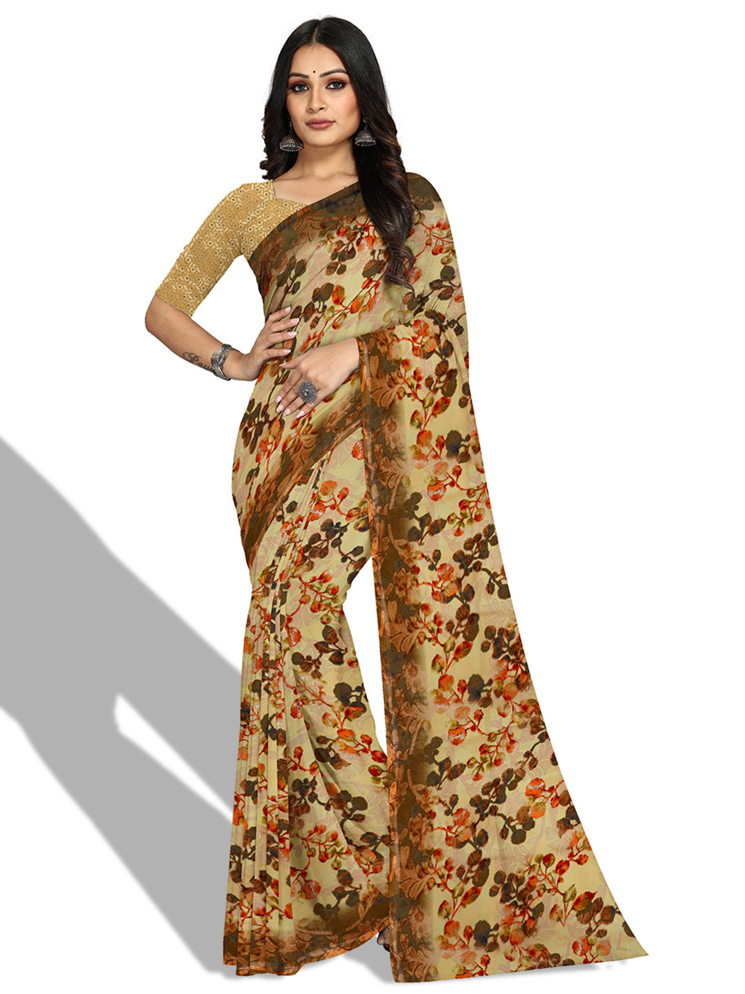 

KALINI Floral Printed Bagh Saree, Beige