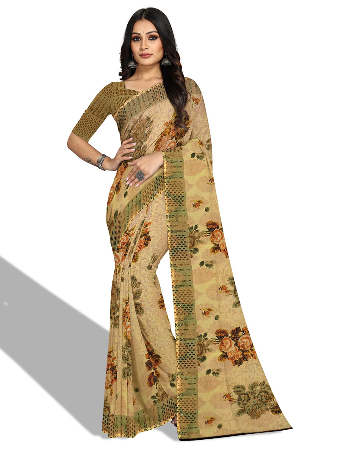 

KALINI Floral Printed Bagh Saree, Beige