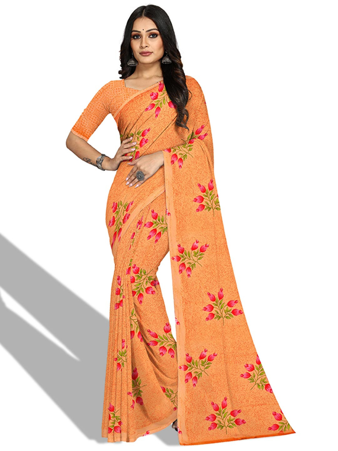 

KALINI Floral Printed Bagh Saree, Orange