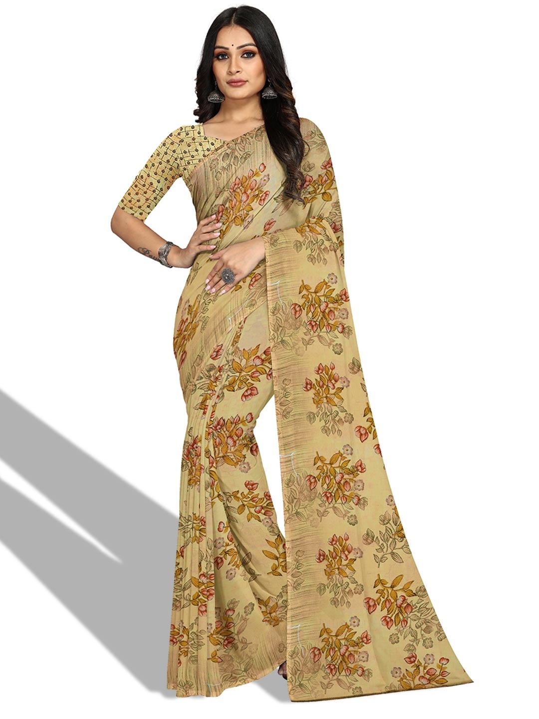 

KALINI Floral Printed Bagh Saree, Beige