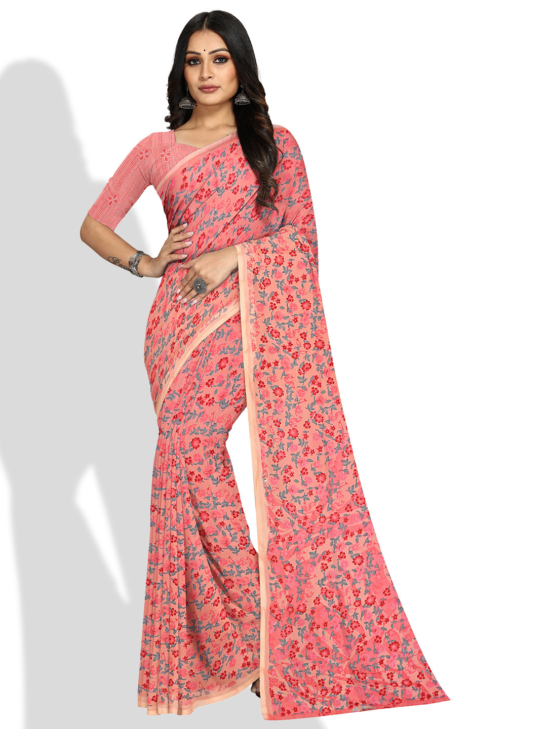 

KALINI Floral Printed Bagh Saree, Peach