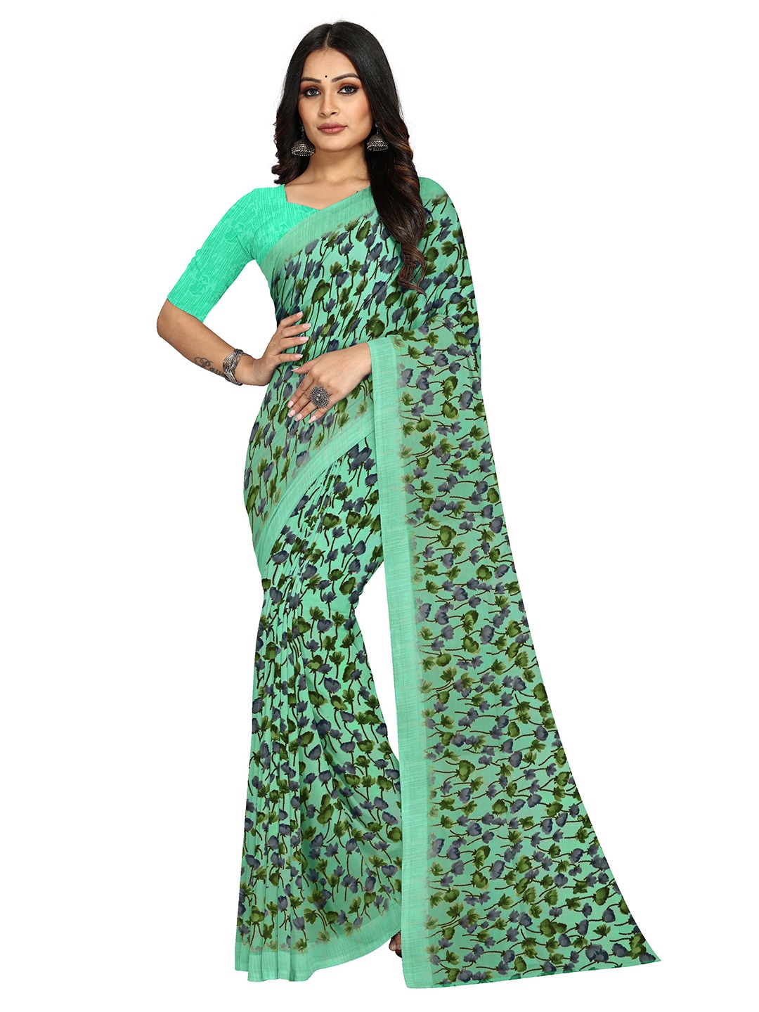 KALINI Bagh Floral Printed Saree, Sea green