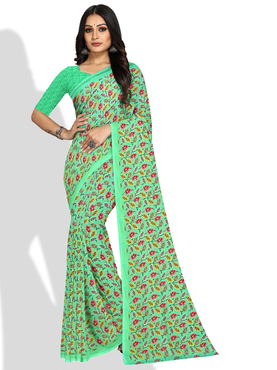

KALINI Floral Printed Bagh Saree, Green